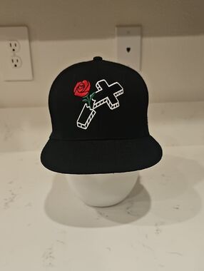 riot society Black Snapback with Red Rose & White 3D Cross Embroidery